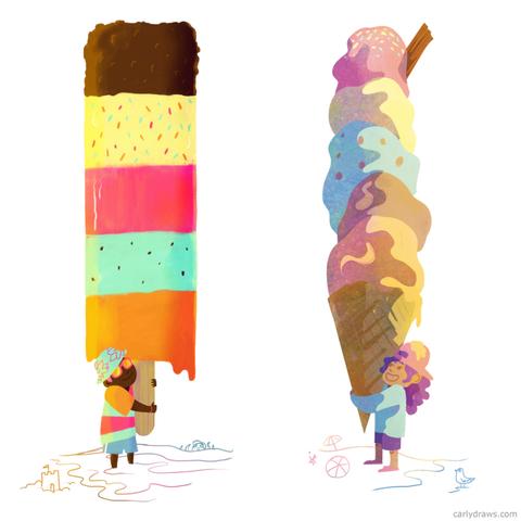 two kids with giant ice creams
art by Carly A-F