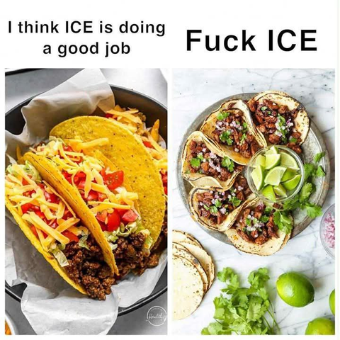 A 2 panel meme

The first panel says, "I think ICE is doing a good job" and shows a picture of shitty fast food tacos, probably from Taco Bell.

The second panel says, "Fuck ICE" and shows a picture of authentic tacos that look delicious.