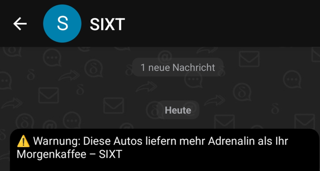 Email-header von Sixt. Betreffzeile: 
'Warnung: Diese Autos liefern mehr Adrenalin als ihr Morgenkaffee'