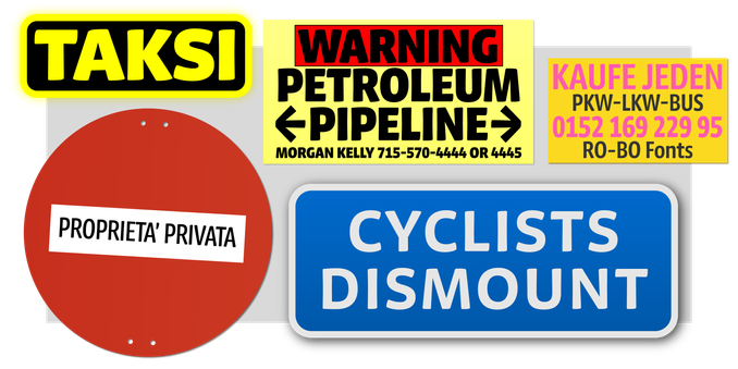 signs seen in Emeryville, Caputh, Bologna, Reading – also, an imaginary Taxi board
