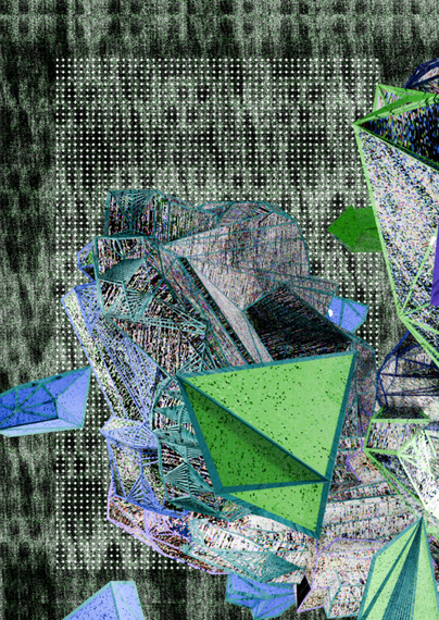 preview page from BIG DATA 006, showing wireframe detailed 3d shapes made from psudorandom text on top of rgb noise background with additional pixel detail. colours include green and blue with grey and black.