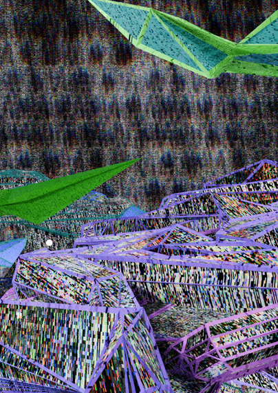 second preview page from BIG DATA 006, showing further wireframe detailed 3d text with rgb noise textures in bg, and also uv mapped to the 3d structures! colours here are green blue purple and grey.