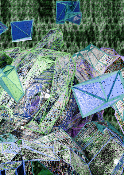 third preview page from BIG DATA 006! showing 3d wireframe detailed ttext with rgb noise textures in bg and also uv mapped to the text structures. the text is made from pseudorandom virtual device output converted into two and three dee thhrough a circuitous course of free softwarez. colours here are green blue and purple.