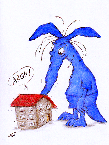 The image features a cartoon-style drawing of a large blue creature with long ears and a long nose, resembling an aardvark. The creature is standing upright and appears to be interacting with a small house. The house has a red roof and a brown body with multiple windows and a yellow door. The creature's expression is one of grumpyness. From the house comes a speech bubble containing the word "ARGH!" The creature's long nose is longinging the house ... slurping. The background is plain white, emphasizing the characters. The drawing is done in a simple, sketchy style with visible pencil lines and colored in with colored pencils. The artist's signature "AW" is visible in the bottom left corner.

Provided by @altbot, generated privately and locally using Ovis2-8B
