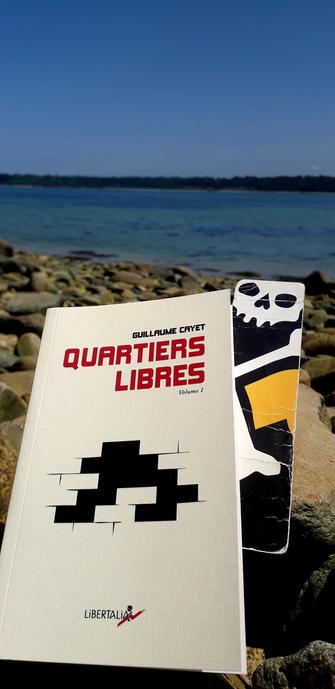 Couverture du livre de Guillaume Cayet, " Quartiers libres " Volume 1 . Éditions Libertalia. Couverture de Bruno Bartkowiak. 
Photo prise sur une grève au bord de la mer en Bretagne Nord. Il fait beau et chaud, la mer est haute.