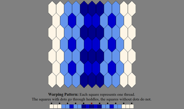 An Inkle weaving diagram and warping pattern in the color sequence listed in the text description: The warping pattern is a line of colored boxes with small dots above every other one, above which it states: "Warping Pattern: Each square represents one thread. The squares with dots go through heddles, the squares without dots do not." The weaving diagram is a series of tessellated lozenge shaped tiles illustrating how the pattern will appear when woven.