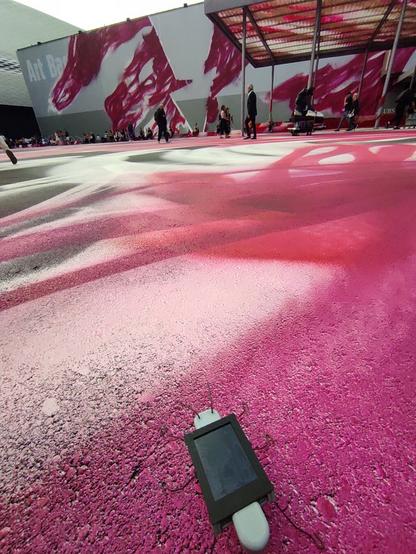 Le cafard admire le Projekt Messeplatz : la grande place devant le parc d'exposition a servi de canevas geant à l'artiste Katharina Grosse qui y a exécuté une peinture geante en blanc et mauve.