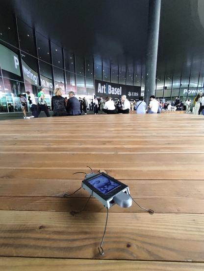"Le cafard devant l'entrée principale du parc des expositions (Messe Basel), sur une grande surface de bois destinée à permettre aux gens de s'asseoir, admirant le panneau ""Art Basel"" au-dessus de l'entrée et les afgicheurs defilant rappelant l'import de l'événement :""Powering the world of art (Art Basel donne sa force au monde de l'art) "