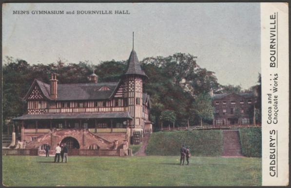 Printed colour postcard showing a view of the Men's Gymnasium and Bournville Hall at Cadbury's Bournville model village in Birmingham, Warwickshire.

Published by Cadbury's, not numbered, c.1905-10.

Postally unused.

Good condition, with slight corner bumps.