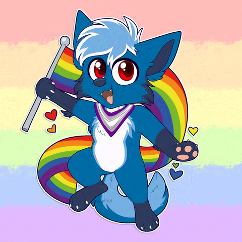 A blue, white and darker bluey purple Coyote character sporting a long twirly rainbow flag, looking at the camera happily with red eyes.