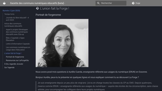 Capture d'écran de la page d'accueil de la gazette, prise au niveau de la rubrique Portrait de forgeronne. On aperçoit la photo d'Aurélie Cuerda, interviewée dans cette rubrique.