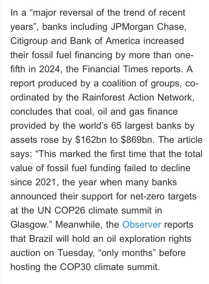 Screenshot from news story explaining that banks increased their fossil fuel investments last year