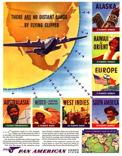 Ad is for their flying boats to Australasia, Mexico, West Indies, Alaska, Hawaii, Orient, Europe, South America.