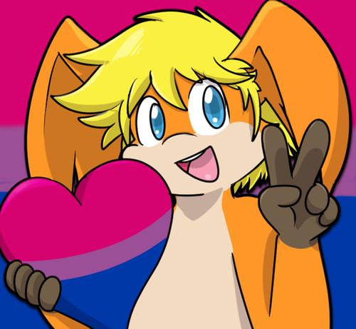 An anthropomorphic Patamon holding up a peace sign while holding a bisexual heart. With a bisexual flag in the back.