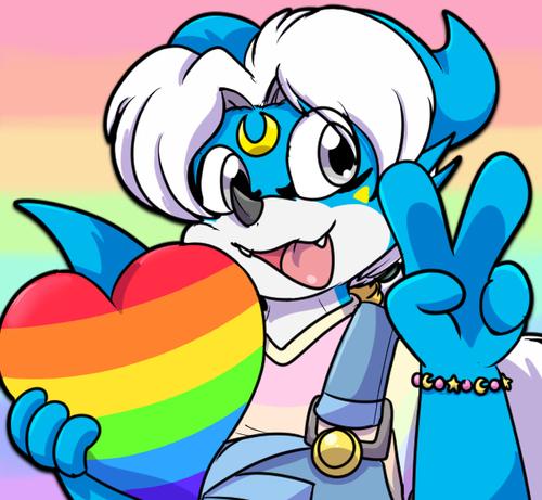 An anthropomorphic Veemon holding up a peace sign while holding a LGBTQ heart. With a pastel colored LGBTQ flag in the back.