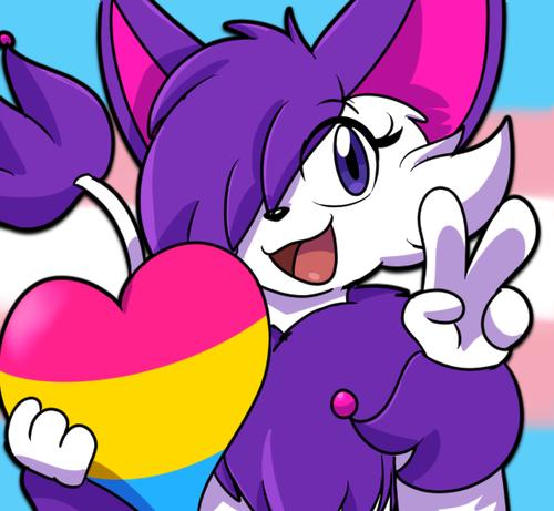 A Delcatty holding up a peace sign while holding a pansexual heart. With a transexual flag in the back.