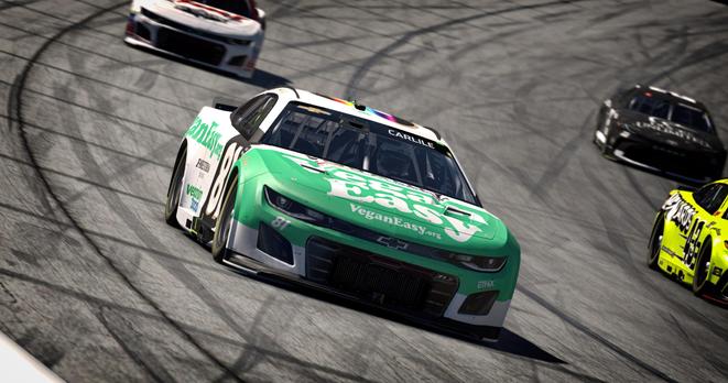Simulated NASCAR stock car on track. Green, white, and black color scheme. VeganEasy.org the primary sponsor.