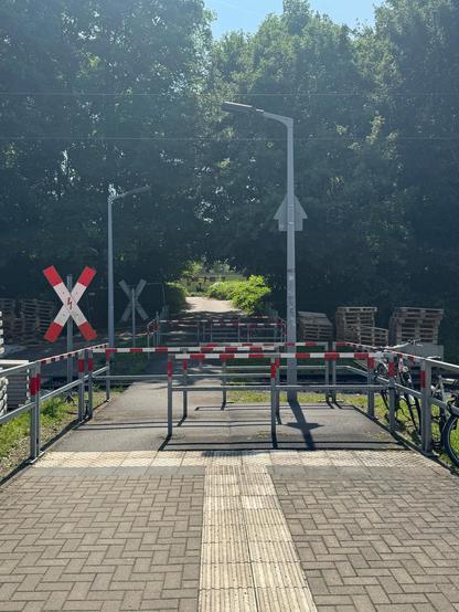 Ein Bahnübergang mit jeweils sehr vielen Schranken, um Fußgänger durch zu lassen, aber Fahrradfahrer nicht