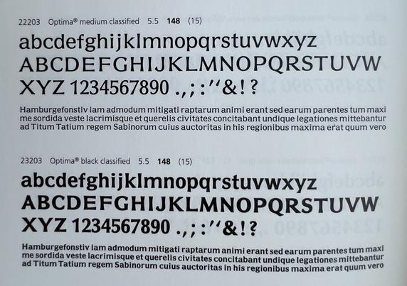 Optima Classified, a typeface in two weights, shown here in a close-up from a page in Linotype’s 1987 catalog.