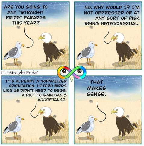 111: "Straight Pride"

Photo Description:
Panel 1: Daytime beach background with a gull named Sea Salt and a bald eagle named Bacon. Sea Salt begins, "ARE YOU GOING TO ANY "STRAIGHT PRIDE" PARADES THIS YEAR?"

Panel 2: Bacon responds, "NO, WHY WOULD I? I'M NOT OPPRESSED OR AT ANY SORT OF RISK BEING HETEROSEXUAL."

Panel 3: Bacon continues, "IT'S ALREADY A NORMALIZED ORIENTATION. HETERO BIRDS LIKE US DIDN'T NEED TO BEGIN A RIOT TO GAIN BASIC ACCEPTANCE."

Panel 4: Sea Salt finishes, "THAT MAKES SENSE."