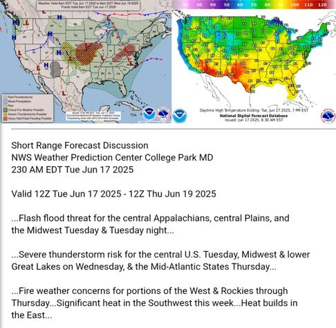 Valid 12Z Tue Jun 17 2025 - 12Z Thu Jun 19 2025

...Flash flood threat for the central Appalachians, central Plains, and
the Midwest Tuesday & Tuesday night...

...Severe thunderstorm risk for the central U.S. Tuesday, Midwest & lower
Great Lakes on Wednesday, & the Mid-Atlantic States Thursday...

...Fire weather concerns for portions of the West & Rockies through
Thursday...Significant heat in the Southwest this week...Heat builds in
the East...