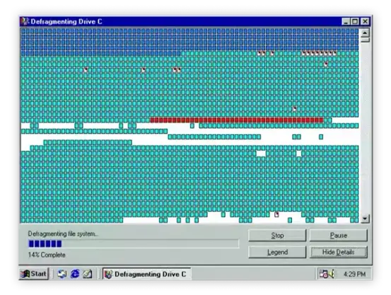 An image of the disk defragmenter application in Windows 95.