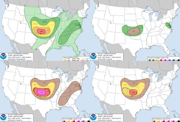 Severe thunderstorms producing numerous to widespread damaging winds, scattered large hail (isolated 2+ inches), and a few tornadoes are expected today across parts of the central/southern Plains and lower/mid Missouri Valley. The greatest threat for destructive gusts up to 70-100 mph is forecast across portions of Kansas and northern Oklahoma.  #WeatherAwareDay #weather #wx #SPC #TheOutpost #SevereWeather 


Severe Thunderstorms in the Central U.S.; Heavy to Excessive Rainfall in the Ohio Valley and Central Appalachians
Severe thunderstorms producing damaging winds, hail, and a few tornadoes are expected through Tuesday across parts of the central Plains and lower to mid Missouri Valley. Heavy to excessive rainfall could produce flooding across portions of the Ohio Valley into the Central Appalachians through Tuesday