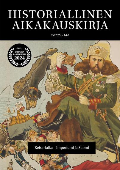 Historiallisen Aikakauskirjan 2/2025 kansikuva, jossa on 1800-luvun pilapiirros Venäjästä ja Euroopasta.