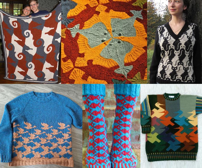 Collage of knitting projects: Two people holding a knit blanket of tessellated seahorses. A closeup detail of On the Shore Blanket inspired by Escher's art of interlocking tortoises, ducks, and fish. Woman wearing a sweater of tessellated cats in black and white. A sweater inspired by M. C. Escher’s woodcut Sky and Water I of fish morphing into birds. One Fish, Two Fish Socks with a tessellating fish pattern in blue and red. Sweater of interlocking graphic ducks in various colors.