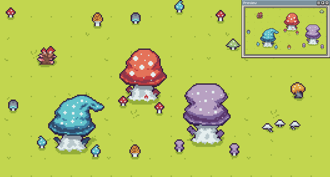 A pixel art scene of mushrooms on a bright green grass background. There are three big mushroom trees - one red, one blue and one purple.