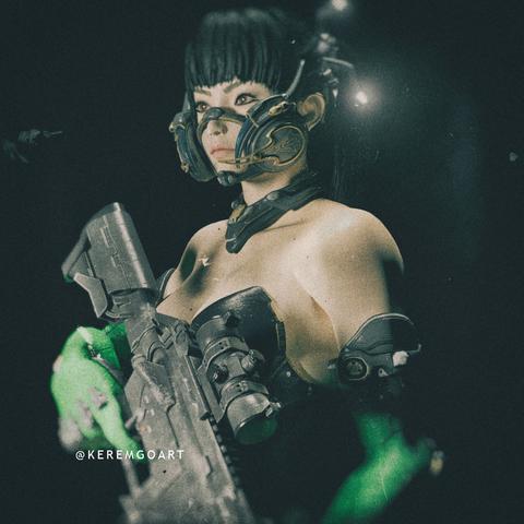 work in progress digital art portrait of EVE from Stellar Blade with a riffle and outfit from the game The First Descendant
