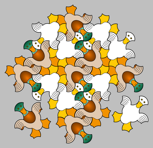 A tiling of ducks. They come in two versions: one white with yellow beaks and feet, and the other with green heads, two shades of brown body and orange beaks and feet. Two ducks are detached from the tiling near bottom left and right corners.