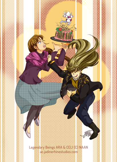 Color picture. Features three characters: an older woman wearing a dress and shawl, Ara; a young girl, with a fancy looking leather jacket and matching pants, Miyara; and a cartoony pony dressed in a fancy bikini popping out of a very delicious cake that Ara was holding--and it's also why Ara looks shocked and despondent, while Miyara just seems to be going with the flow and dancing.

We only hope the pony knew how to hold her breath inside the cake...
