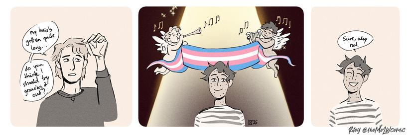 a comic about encouraging someone to rebel against gender norms

transcript:
Dragoş: "My hair's gotten quite long... Do you think I should try growing it out?"
Florin: "Sure why not."