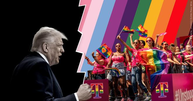 Bildkollage mit Trump links und Queeraktivist*innen rechts im Bild.