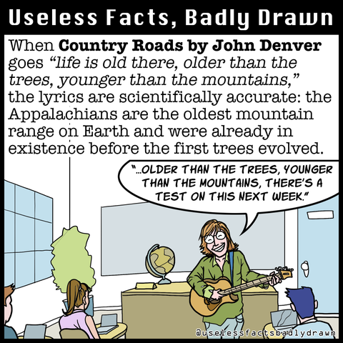 When Country Roads by John Denver goes "life is old there, older than the trees, younger than the mountains," the lyrics are scientifically accurate: the Appalachians are the oldest mountain range on Earth and were already in existence before the first trees evolved.