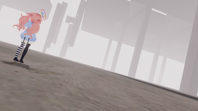 A slanted view of columns topped by a ceiling. There is a machine nearby and an avatar looking at the scene.
