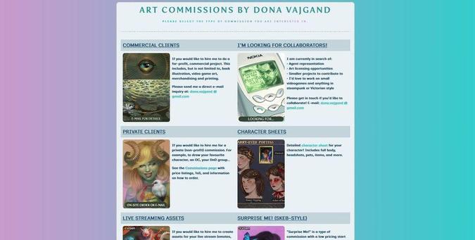 Screenshot of the commissions landing page, showcasing multiple options.