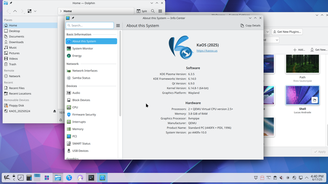 A desktop screenshot of a KDE Plasma desktop with a system information showing that this is KaOS linux running on QEMU, with recent versions of KDE.