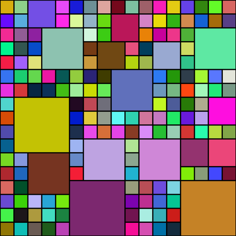 A computer generated picture of multicoloured squares of various sizes packed into a 17 by 17 grid