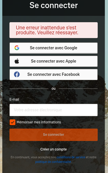 Screenshot de l'écran de connexion Strava montrant un message en rouge "une erreur inattendue s'est produite, veuillez réessayer"