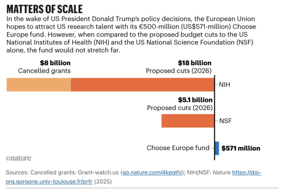 Graph comparing the amount of cancelled grants (8 billion)  and proposed cuts (18 billions) for NIH, proposed cuts for NSF (5.1 billions), to what europe has put on the table with the "choose europe program"  (571 millions)