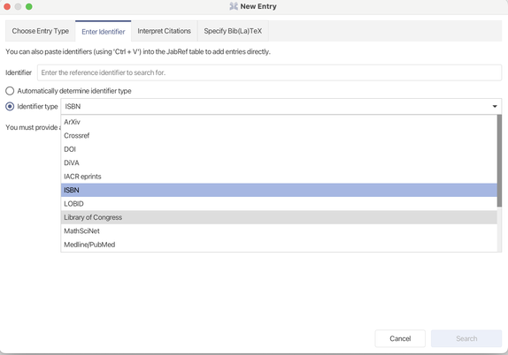 Screenshot of JabRef showing new entry dialog with list of identifiers in a combobox