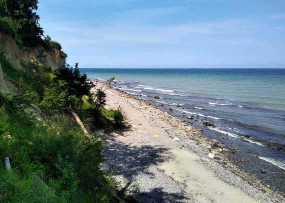 Ostsee-Steilküste hinter Kühlungsborn, abgestürzte Bäume, das Meer schwappte an das steinige Ufer, am Himmel einige Schlieren.