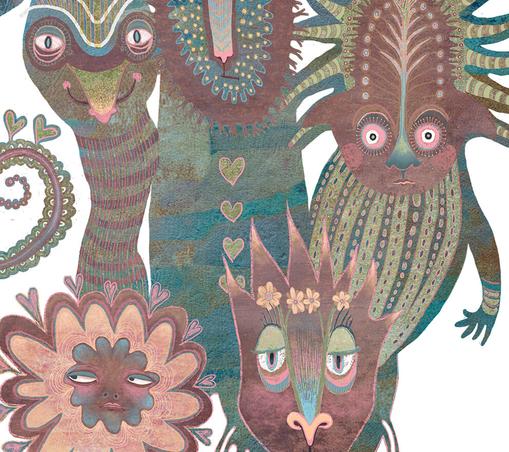 Various semi-abstract faces of unique creatures, expressing varying emotions in a myriad of colors and textures against a white background.