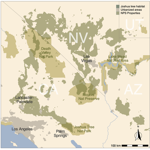 A map of Joshua tree habitat determined from satellite imagery, covering southern Nevada, southeastern California, and western Arizona