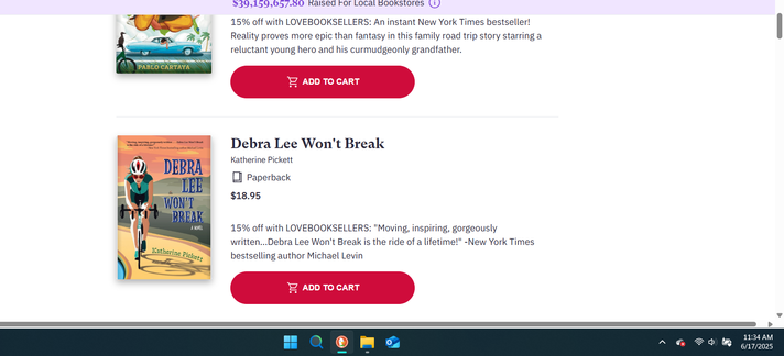 A screenshot showing the cover of Debra Lee Won't Break by Katherine Pickett with a red button to add to cart. The text reads "Moving, inspiring, gorgeously written.... Debra Lee Won't Break is the ride of a lifetime" - New York Times bestselling author Michael Levin