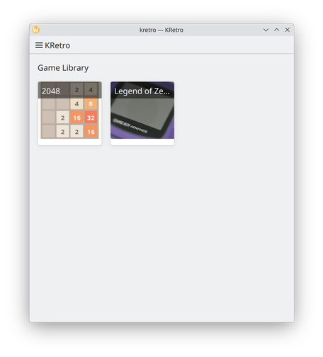 KRetro Game Library, with two squares "2048" and "Legend of Ze...", with a image of 2048 and an image of a GBA respectively.