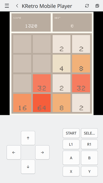 KRetro playing 2048 in mobile mode (there at Qt Quick buttons forming a D-Pad aswell as Start/Select, A/B etc in the bottom half of the screen)