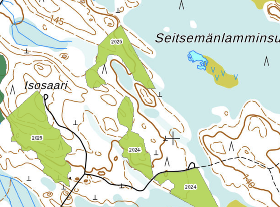 Kuvankaappaus maastokartasta, johon on merkitty vuosina 2024 ja 2025 jätettyjä metsänkäyttöilmoituksia avohakkuista.
